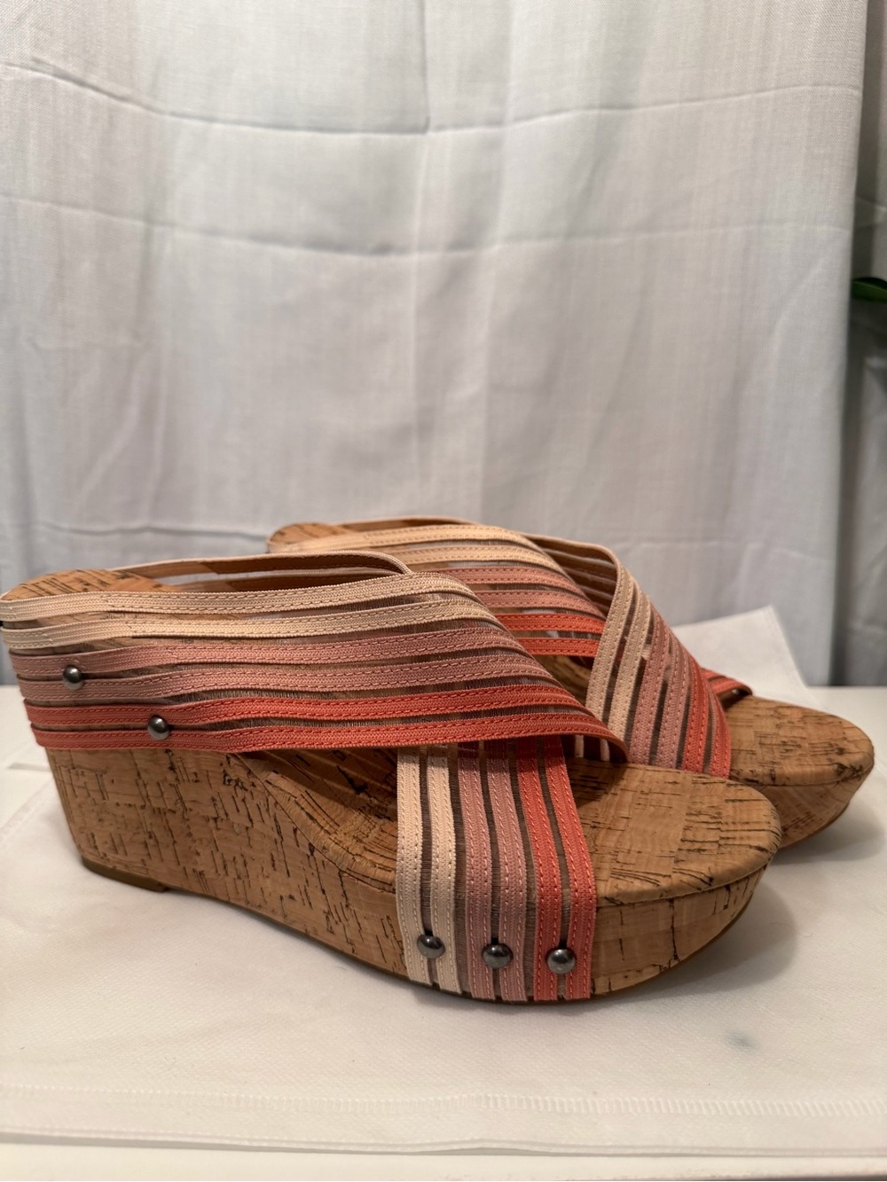 Lucky Brand Multi-Stripe Cork Wedge Sandals in Peach and Coral